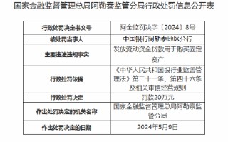 因发放流动资金贷款用于购买固定资产 中国银行阿勒泰地区分行被罚 20 万元