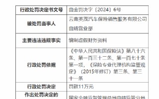 云南英茂汽车保险销售服务有限公司曲靖营业部被罚11万：因编制虚假财务资料