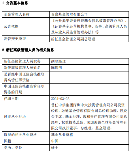 百嘉基金新任陈鹤明为副总经理 曾任职于知名公私募公司 - 第 1 张图片 - 小家生活风水网