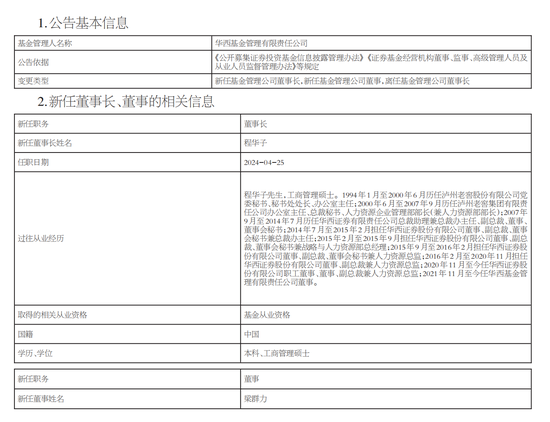 又有公募换帅！程华子出任华西基金董事长， 原董事长蔡秋全因个人原因离任 - 第 1 张图片 - 小家生活风水网