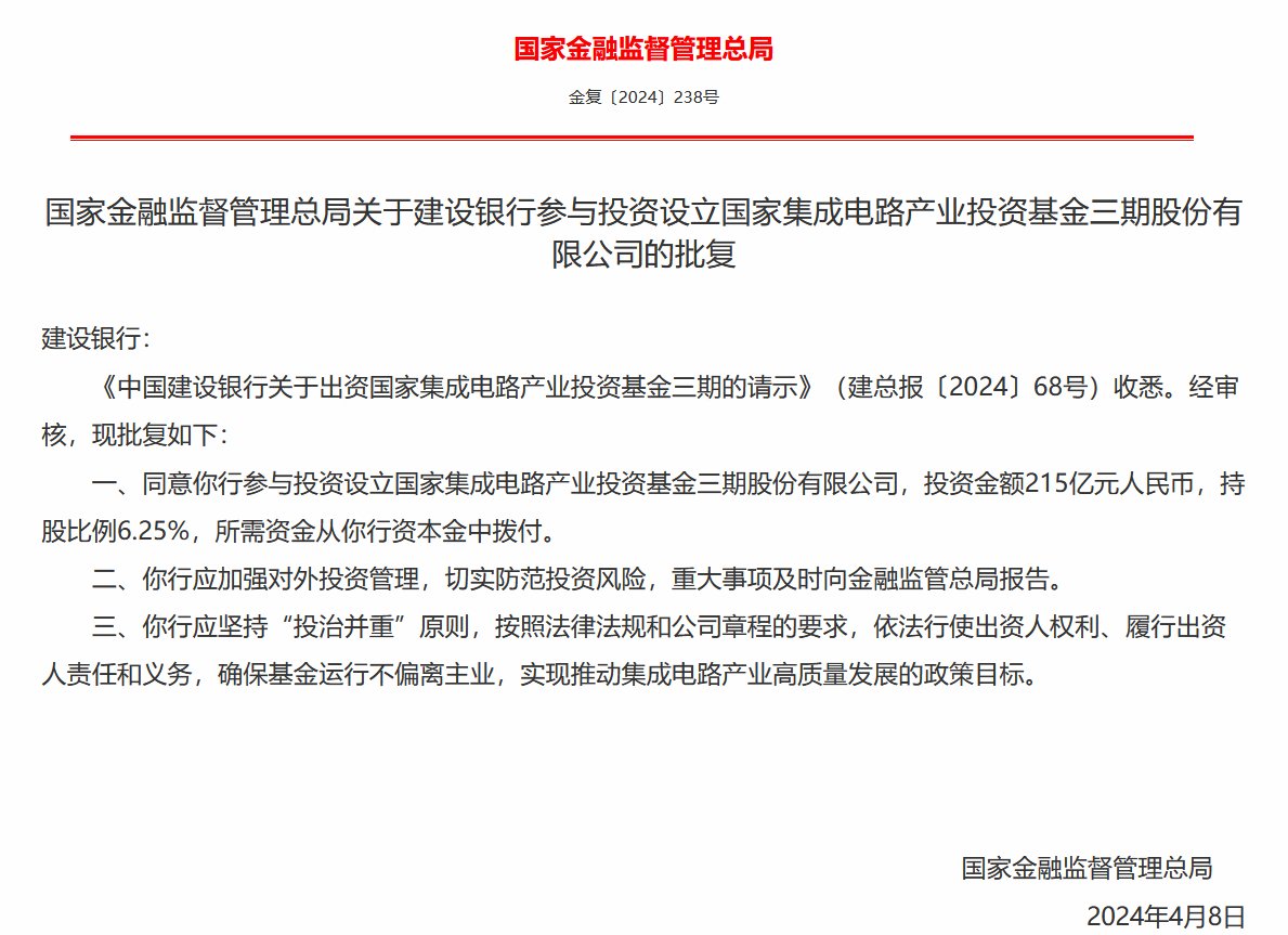 国家金融监督管理总局批复同意六大行投资大基金三期：资金来源于银行资本金划拨 确保基金运行不偏离主业 - 第 3 张图片 - 小家生活风水网