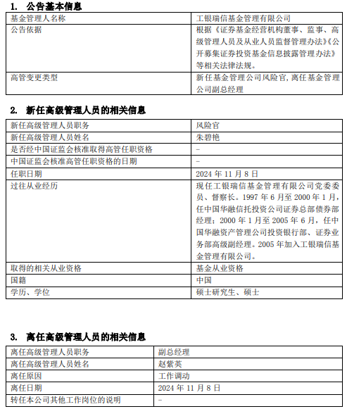 工银瑞信基金高管变更：副总经理赵紫英离任 新任朱碧艳为风险官 - 第 1 张图片 - 小家生活风水网